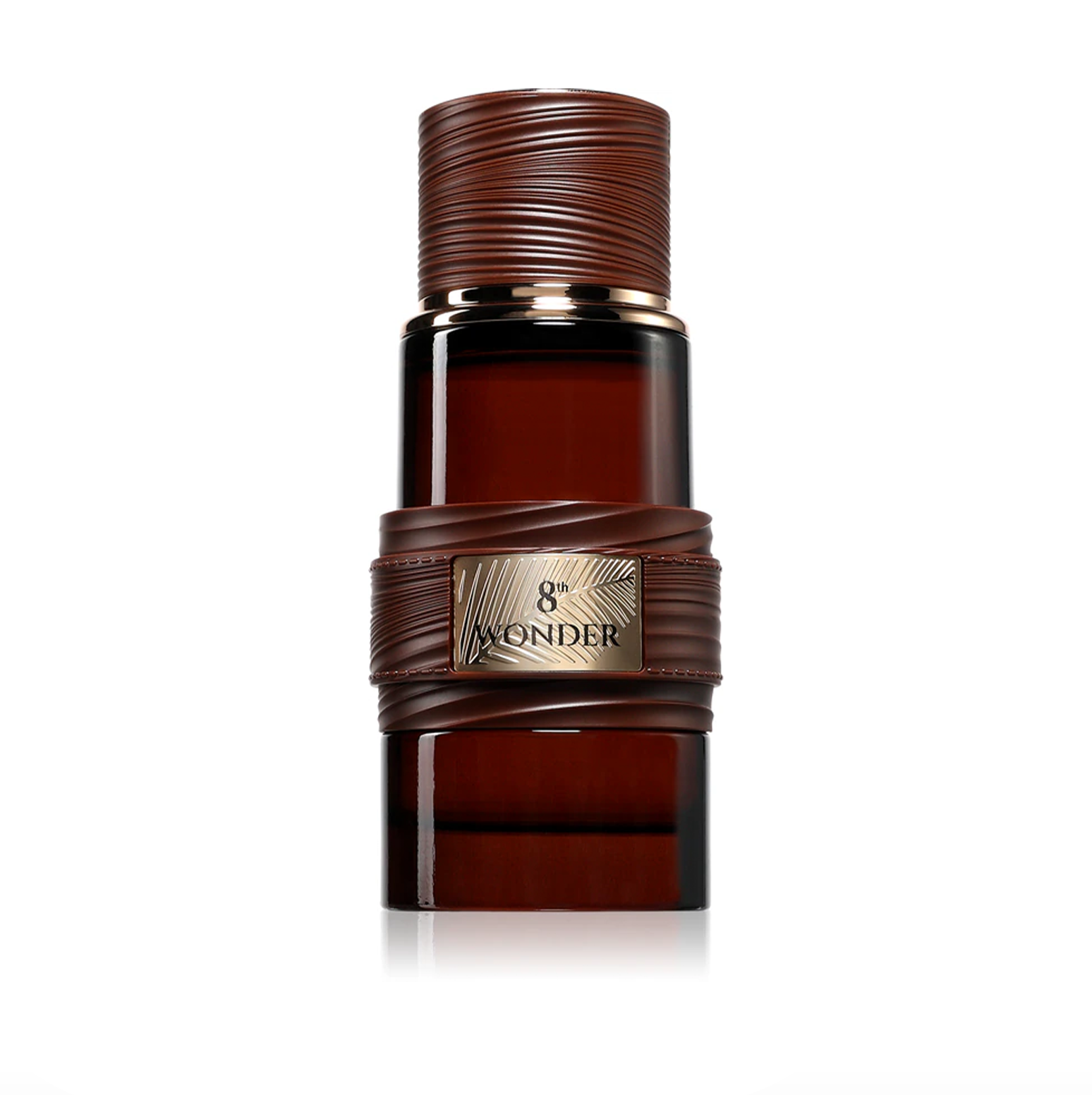 A clean studio shot highlighting the dark, textured aesthetic of the 8th Wonder perfume bottle.