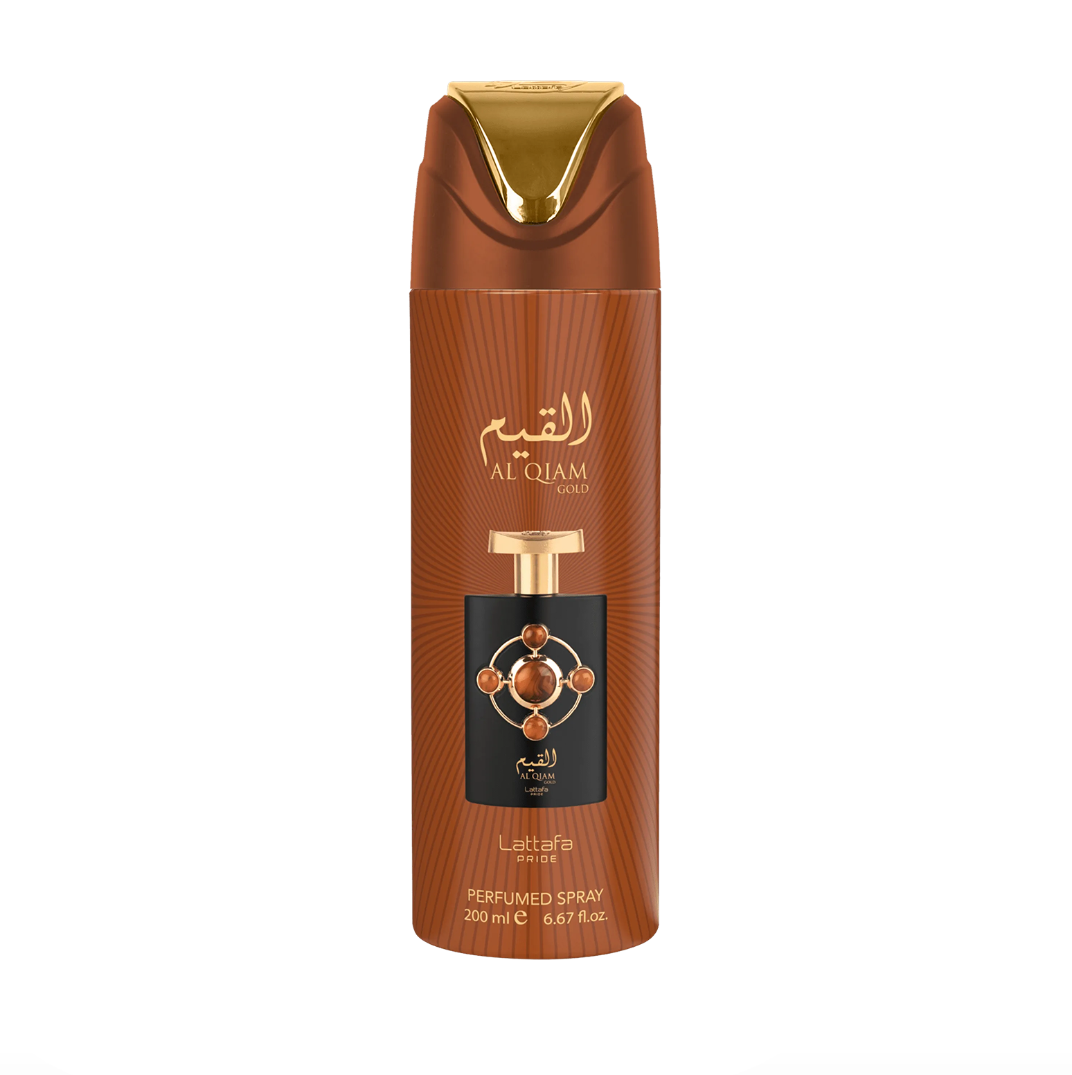 Una fotografia professionale del prodotto del flacone di deodorante Lattafa Pride Al Qiam Gold (200 ml), che mette in evidenza il suo design elegante e potente e il marchio premium della collezione Lattafa Pride su uno sfondo pulito e moderno.