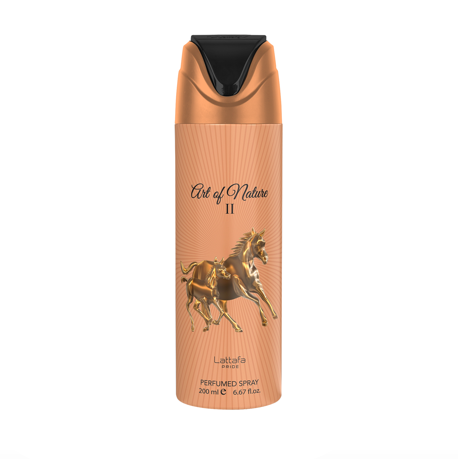 Una fotografia professionale del prodotto del flacone di deodorante Lattafa Pride Art of Nature II (200 ml), che mette in evidenza il suo design elegante e il marchio premium ed elegante della collezione Lattafa Pride su uno sfondo pulito e moderno.