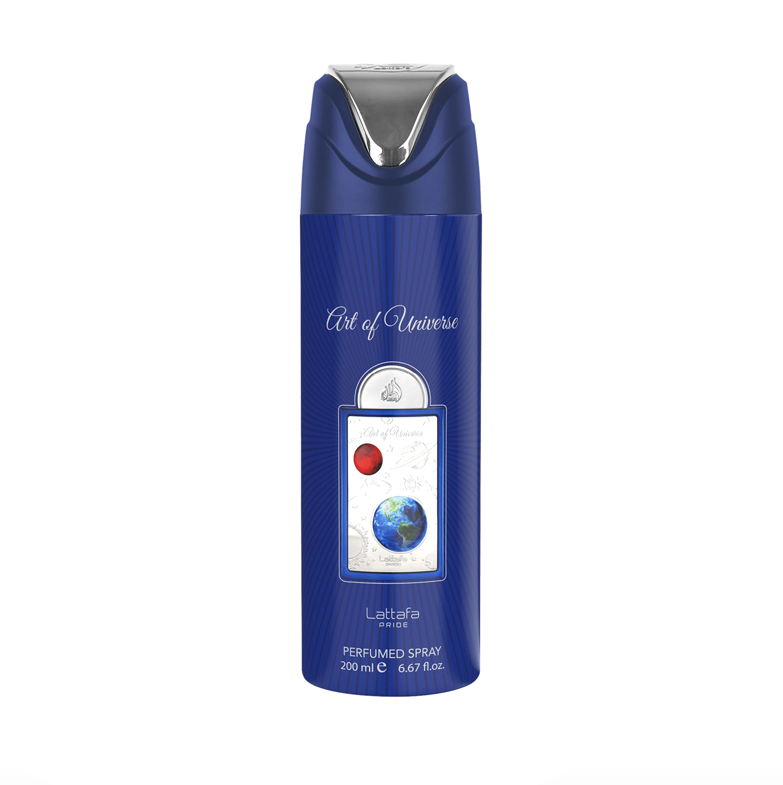 Una fotografia del prodotto del flacone blu del deodorante Lattafa Pride Art of Universe (200 ml), che evidenzia il suo design elegante e il marchio premium ed elegante della collezione Lattafa Pride su uno sfondo bianco e pulito.
