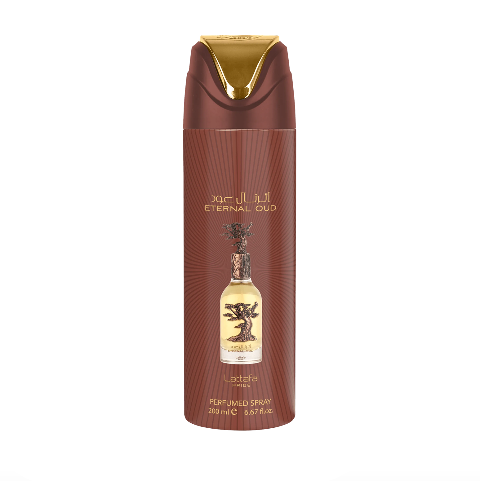 Una fotografia professionale del prodotto del flacone di deodorante Lattafa Pride Eternal Oud (200 ml), che mette in evidenza il suo design elegante e il marchio premium della collezione Lattafa Pride su uno sfondo pulito e moderno.