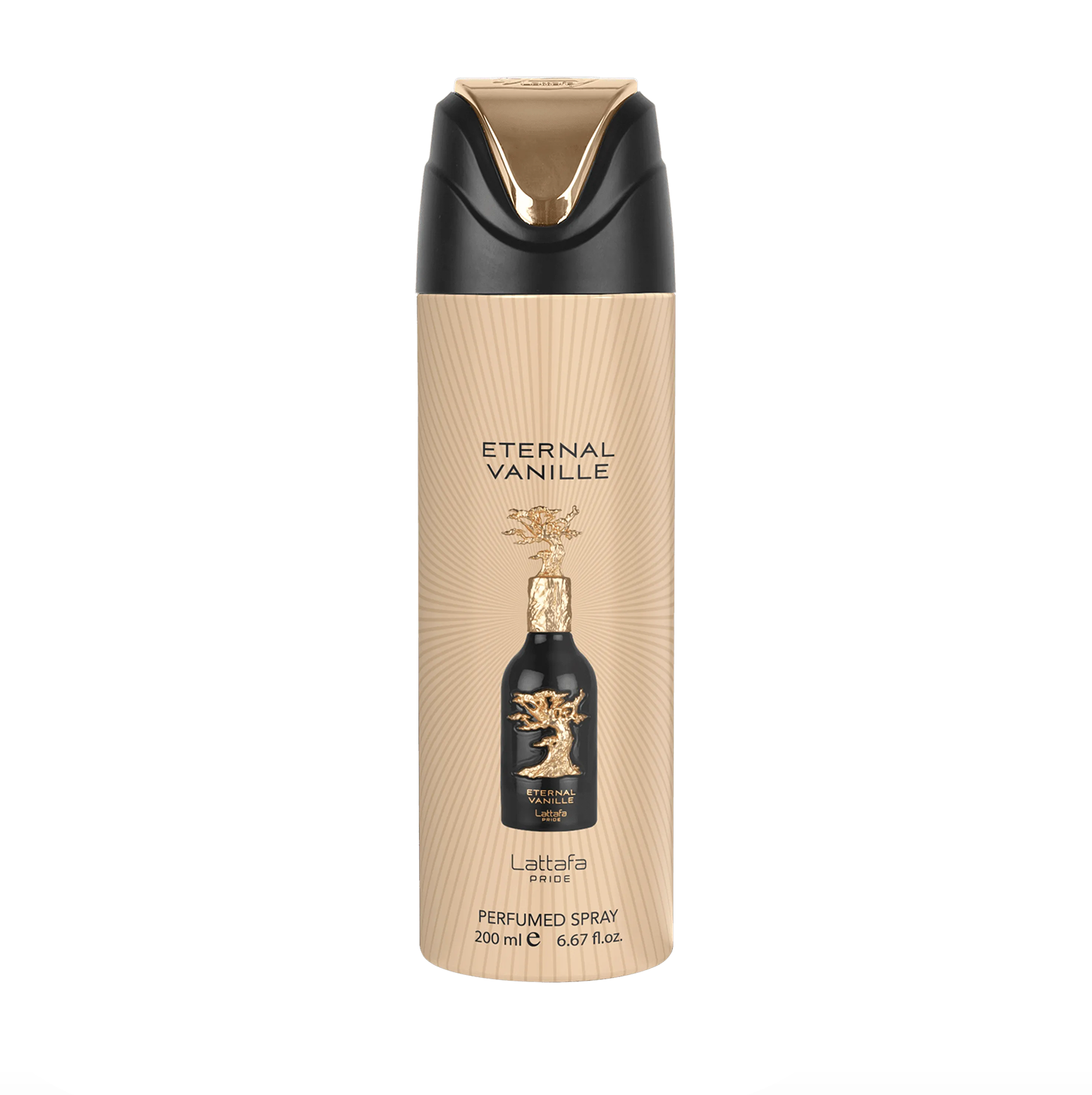 Una fotografia professionale del prodotto del flacone di deodorante Lattafa Pride Eternal Vanille (200 ml), che mette in evidenza il suo design elegante e il marchio premium ed elegante della collezione Lattafa Pride su uno sfondo pulito e moderno.