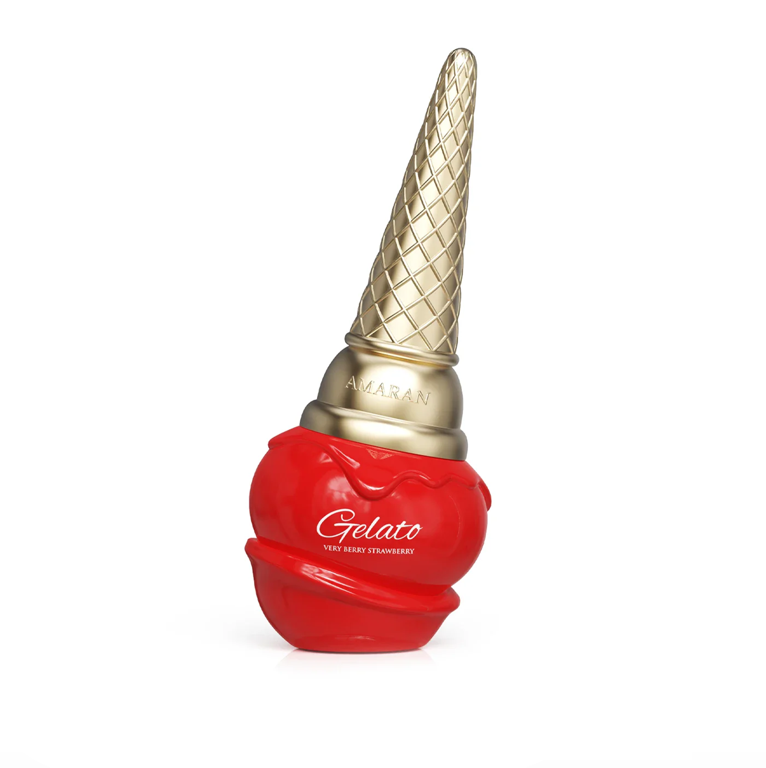 A studio shot of the 100ml perfume bottle, uniquely shaped like an ice cream cone with a golden cone topper and a bright red, melting ice cream base.