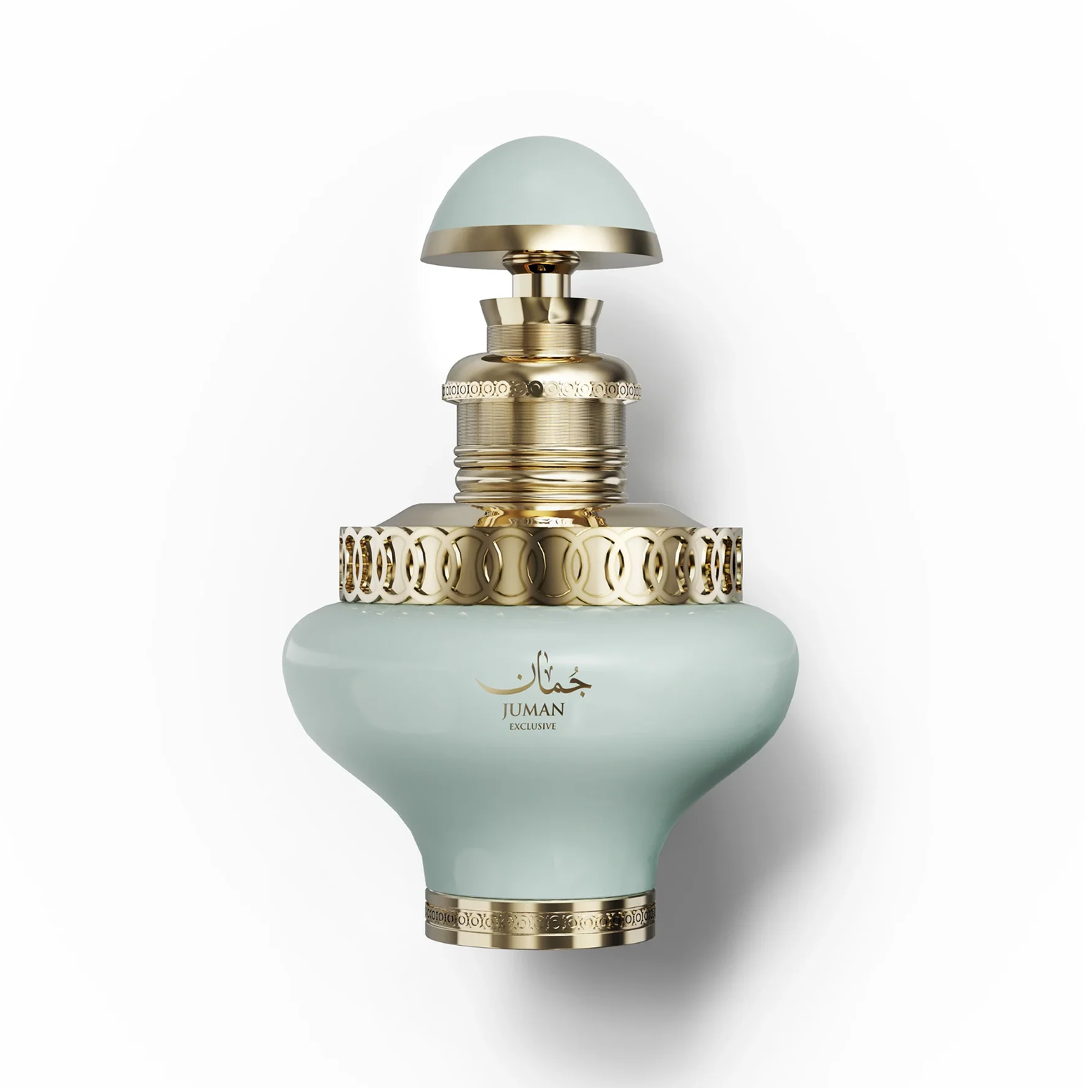Uno scatto del prodotto in studio del flacone Juman Exclusive da 100 ml di colore verde chiaro con accenti dorati