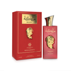 A professional product presentation showing the deep red 100ml bottle of Malika King and Queens Amaran women perfume positioned next to its matching gift box, both featuring an ornate gold-toned sculptural emblem.