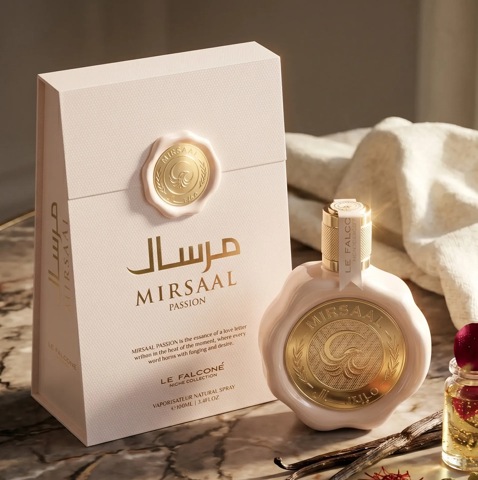 Un'esposizione di prodotti premium di Mirsaal Passion Eau de Parfum, con il flacone rosa pallido da 100 ml sigillato con cera e l'elegante confezione regalo abbinata, decorata con bacche di vaniglia e accenti aromatici su una superficie di marmo.