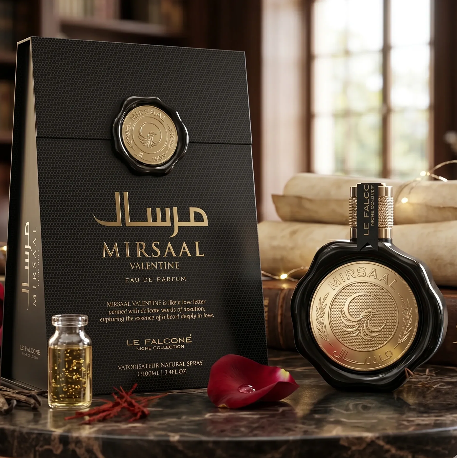 Una lussuosa esposizione di Mirsaal Valentine Eau de Parfum, con il flacone nero da 100 ml sigillato con cera accanto alla confezione regalo nera abbinata, con un petalo di rosa e accenti dorati su un tavolo classico.