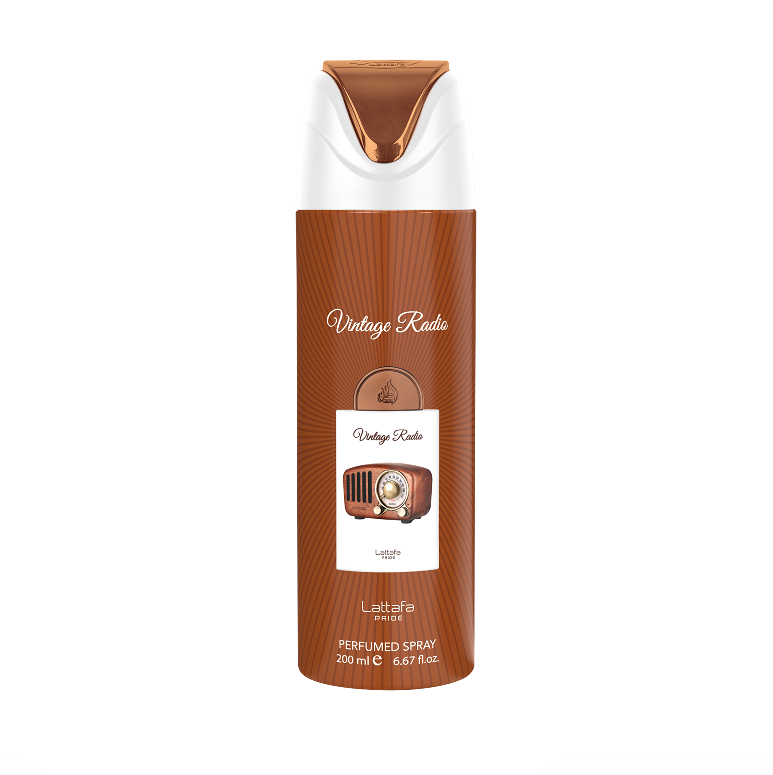 Uno scatto di prodotto nitido e professionale del flacone spray per il corpo Lattafa Pride Vintage Radio (200 ml), che mette in evidenza il suo design elegante e il marchio premium della collezione Pride su uno sfondo pulito e moderno.