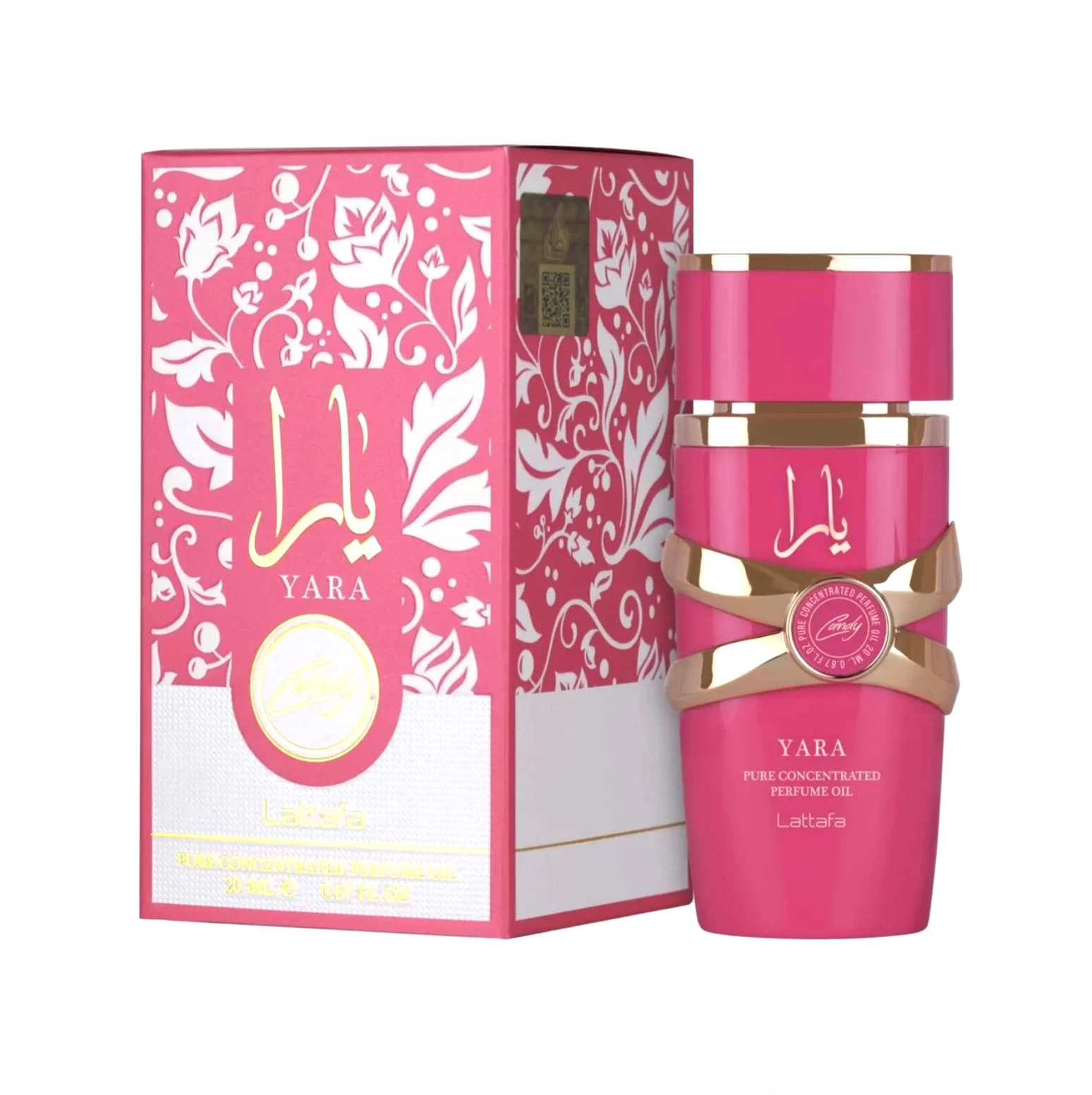 A stylish product shot showcasing the Lattafa Yara Candy perfume oil bottle alongside its matching luxury packaging, highlighting the playful yet elegant design of this trending fragrance.
